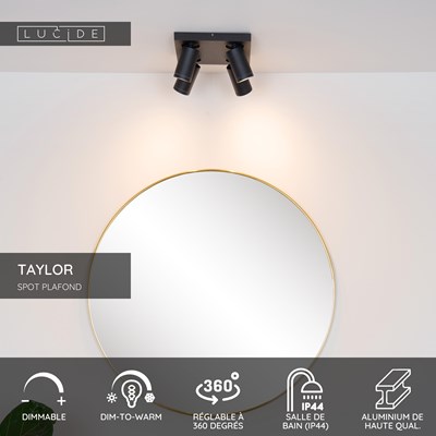 Lucide TAYLOR - Spot plafond Salle de bains - LED Dim to warm - GU10 - 4x5W 2200K/3000K - IP44 - Noir